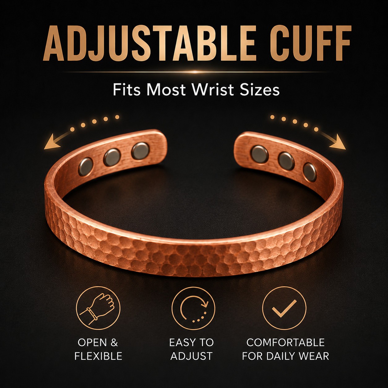 2Pcs Magnetic Copper Bracelet Set Pure Solid Copper 6 Magnets Adjustable Cuff