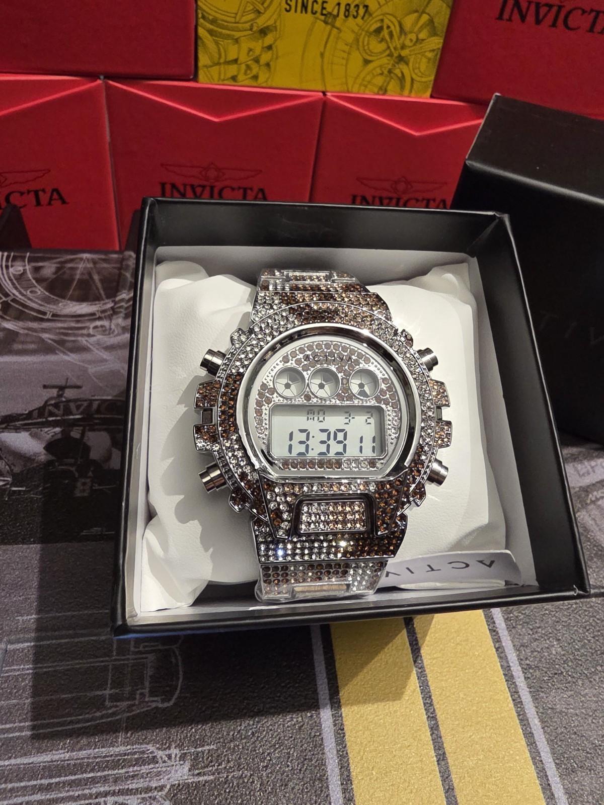 Activa X Invicta Digital Men’s Watch 51mm in Silver tone finish Brown Iced Out