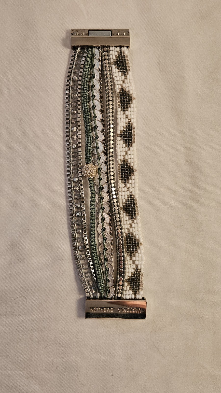 Victoria Emerson Bracelet Crystal Beaded Chain Cuff Womens 7.5 Inch Silver