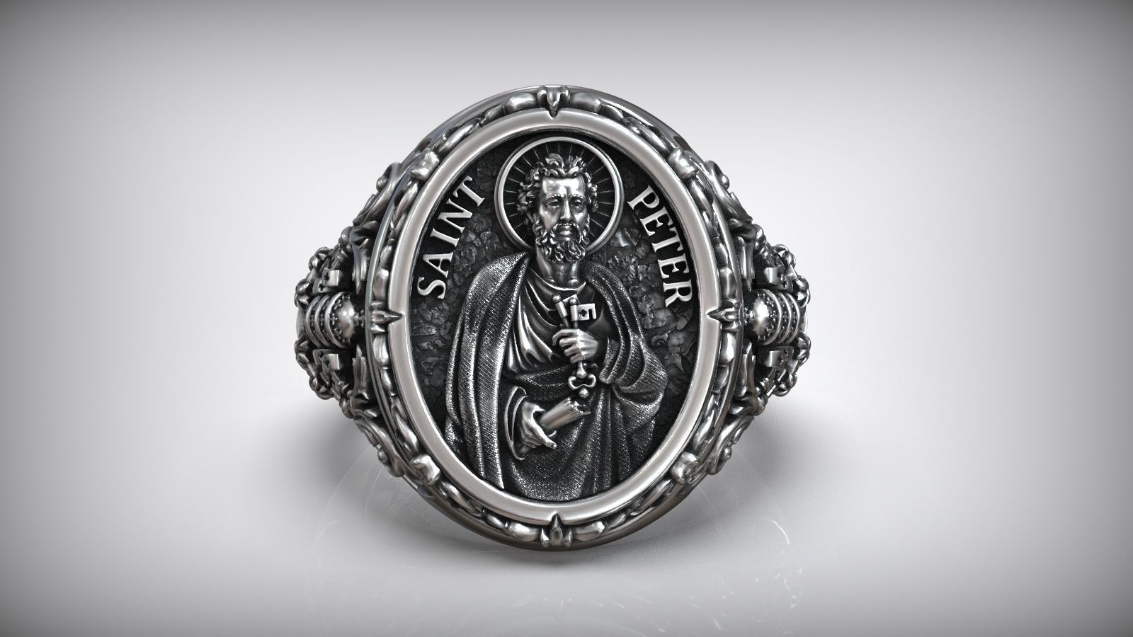 Oxidized Mens Saint Peter Apostle Keys Of Heaven Shield Christian 925Silver Ring