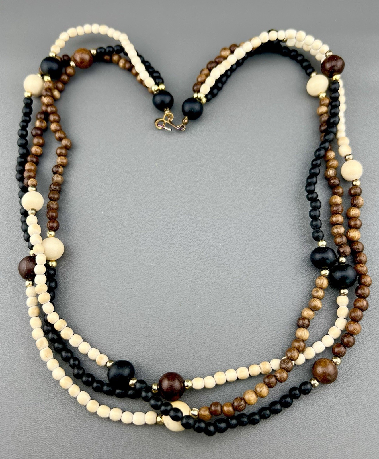 Vintage Beaded Necklace Earth Tone Boho Wood Multi Strand Statement 25”