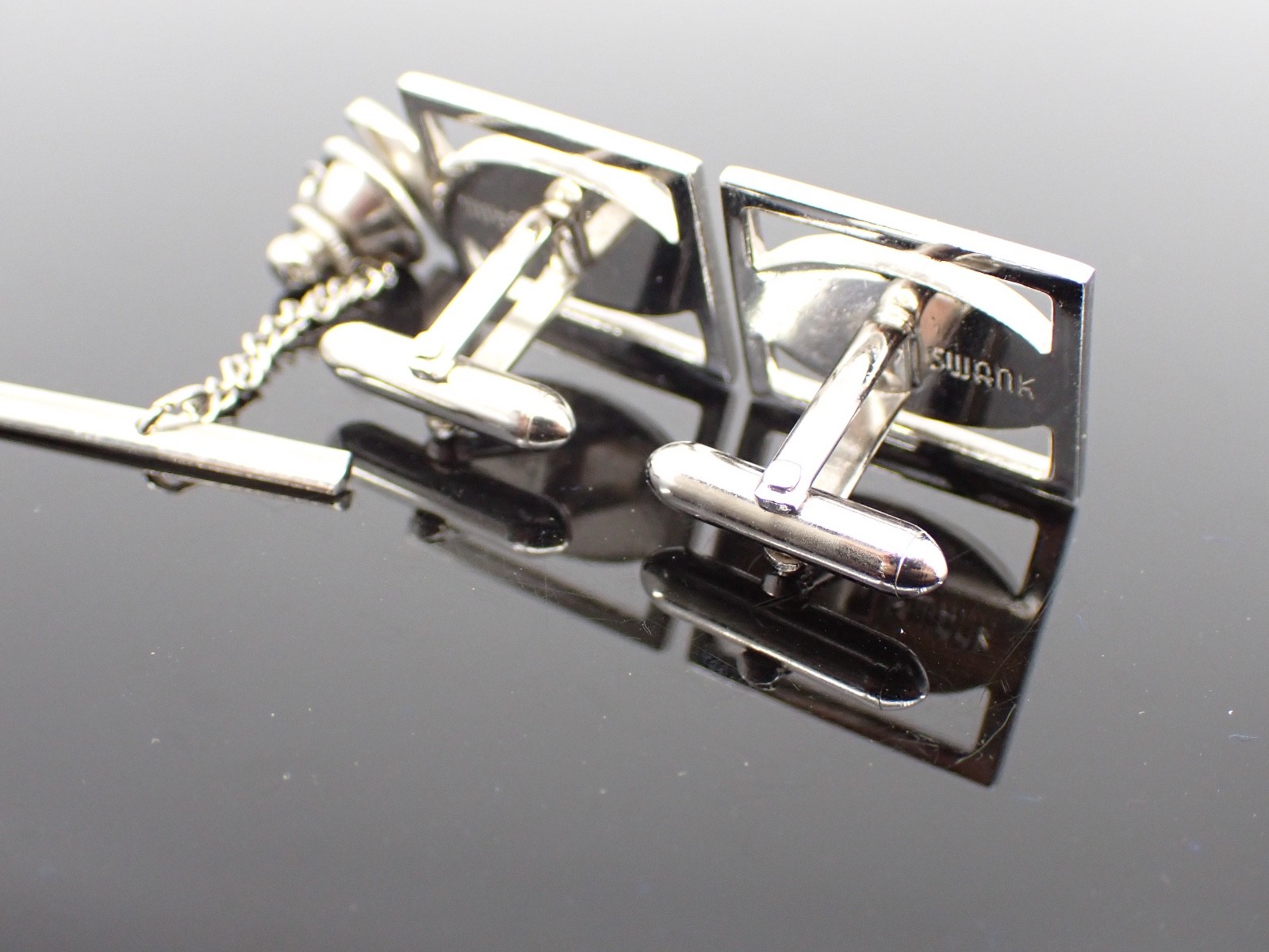 Vintage Swank Silver Tone Cufflinks Tie Tack Set Etched Oval Mid Century Modern