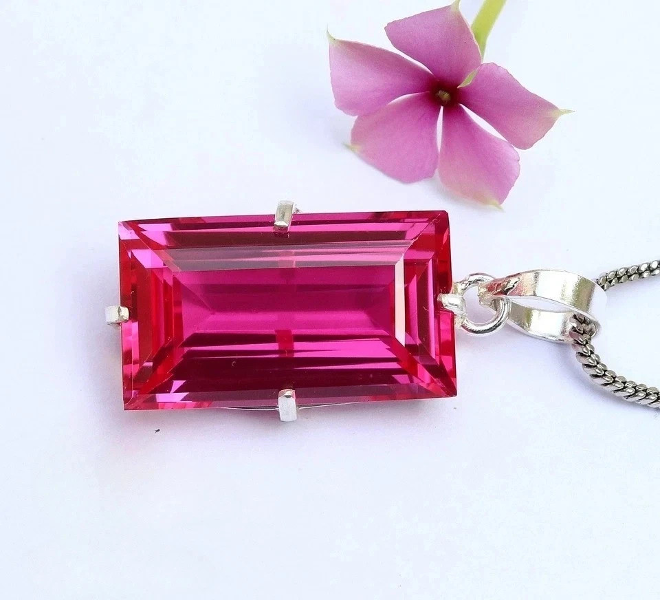 21.53 Ct Natural Pink Sapphire Baguette Cut 925 Solid Silver Pendant Gemstone