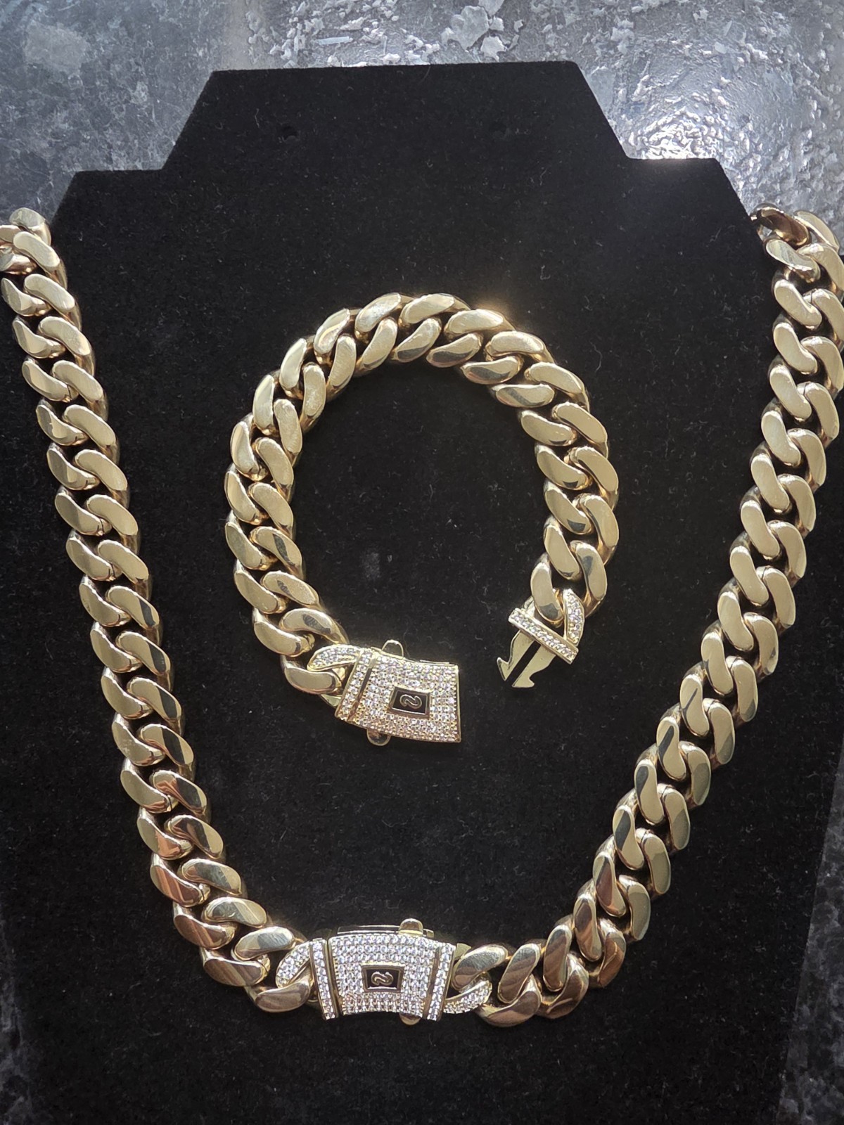 14k Gold Plated Chain Cuban Link & Bracelet Set 20″×8″×10mm Stainless Steel New