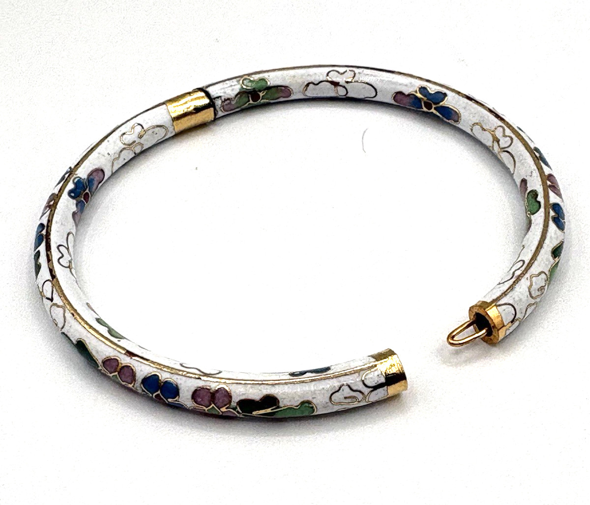 Hinged White Cloisonne Bangle Bracelet, Multi-colored Floral Enamel Bracelet