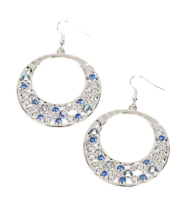 Paparazzi Silver Tone Blue & Irredese Rhinestone Round Dangle Hook Earrings