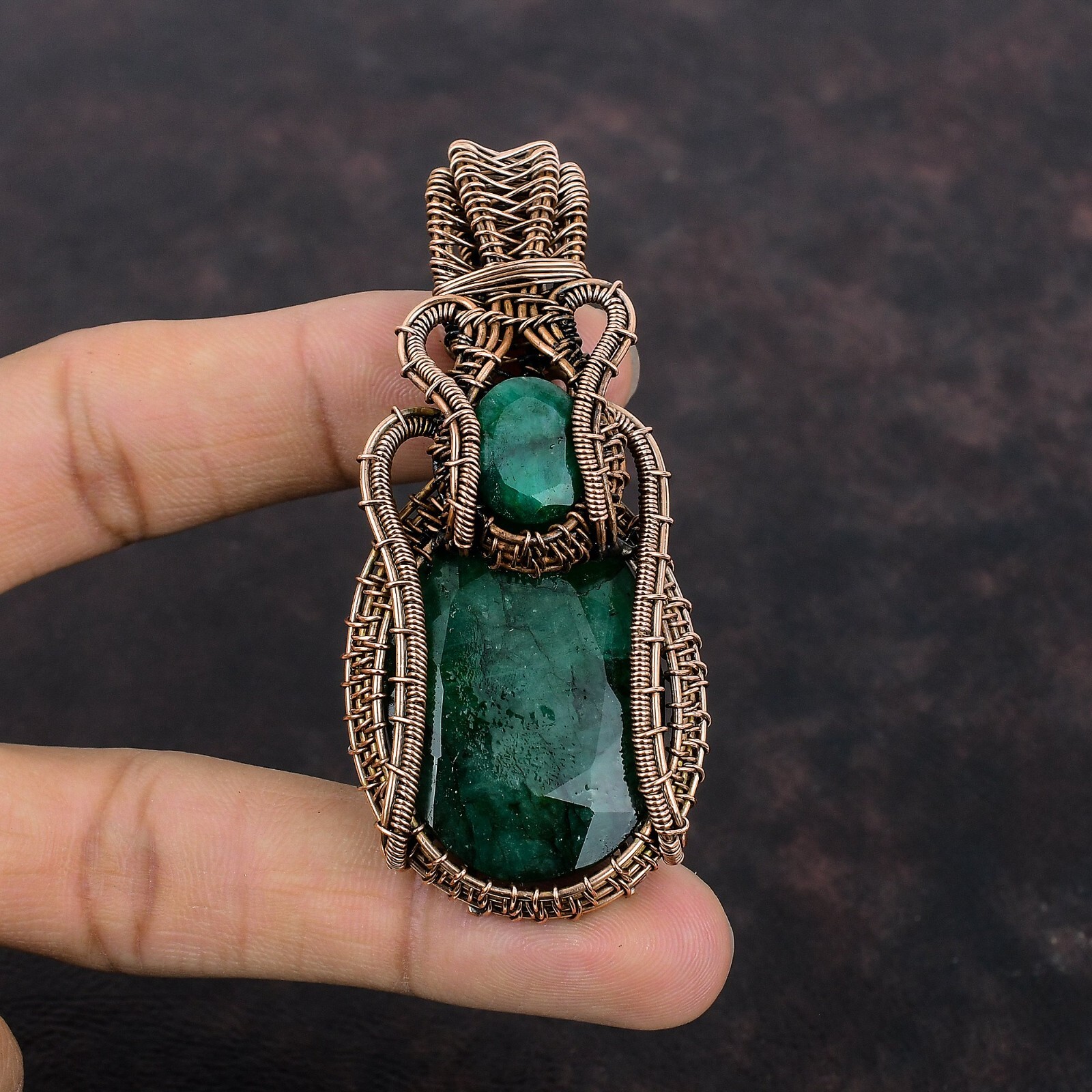 Faceted Zambian Emrald Jewelry Copper Wire Wrapped Pendant For Women 2.95″