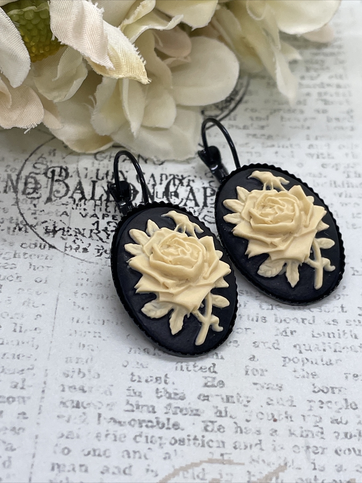 Rose Victorian Gift Wedding Cream & Black Setting Enamel Earrings Cameo Birthday