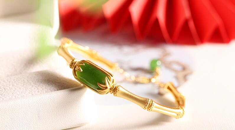 I03 Bamboo Bracelet with Green Jade Sterling Silver 925 Gold Plated