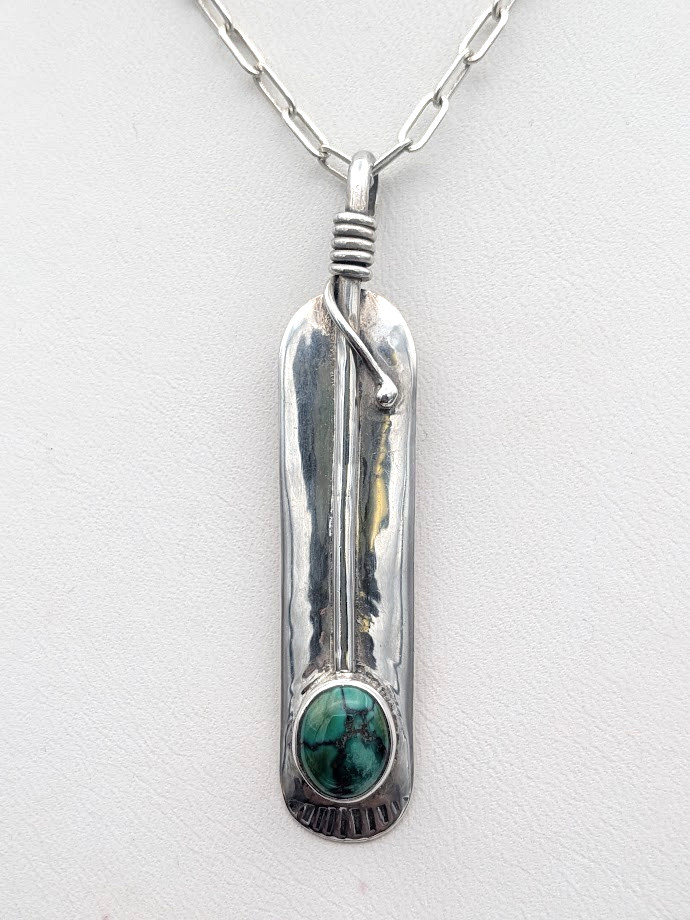 925 Lowell Draper Navajo Feather Malachite Oval & 22″ Cable Chain ~ 11.4g