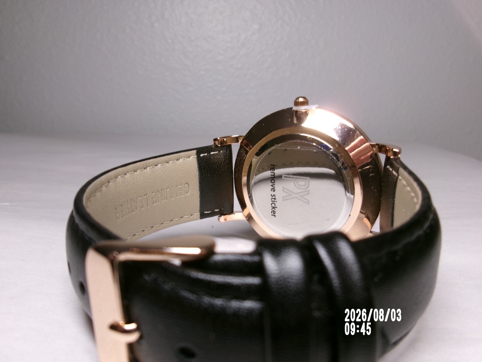 PX MENS TWO TONE ROSE GOLD/BLACK FACE WATCH WITH BLACK LEATHER BAND 6.5-8″ FIT