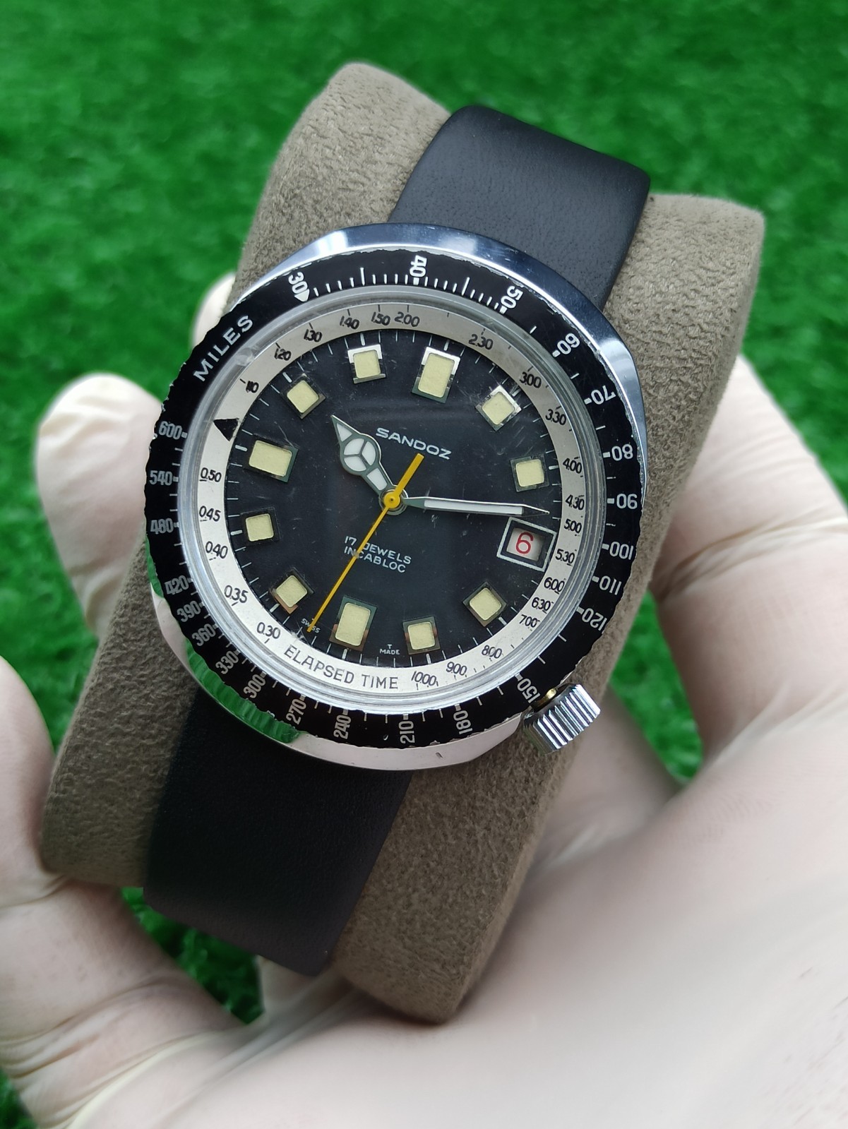 HYPER-RARE SANDOZ JUMBO DIVER BLACK WATCH MECHANICAL SWISS 1970s