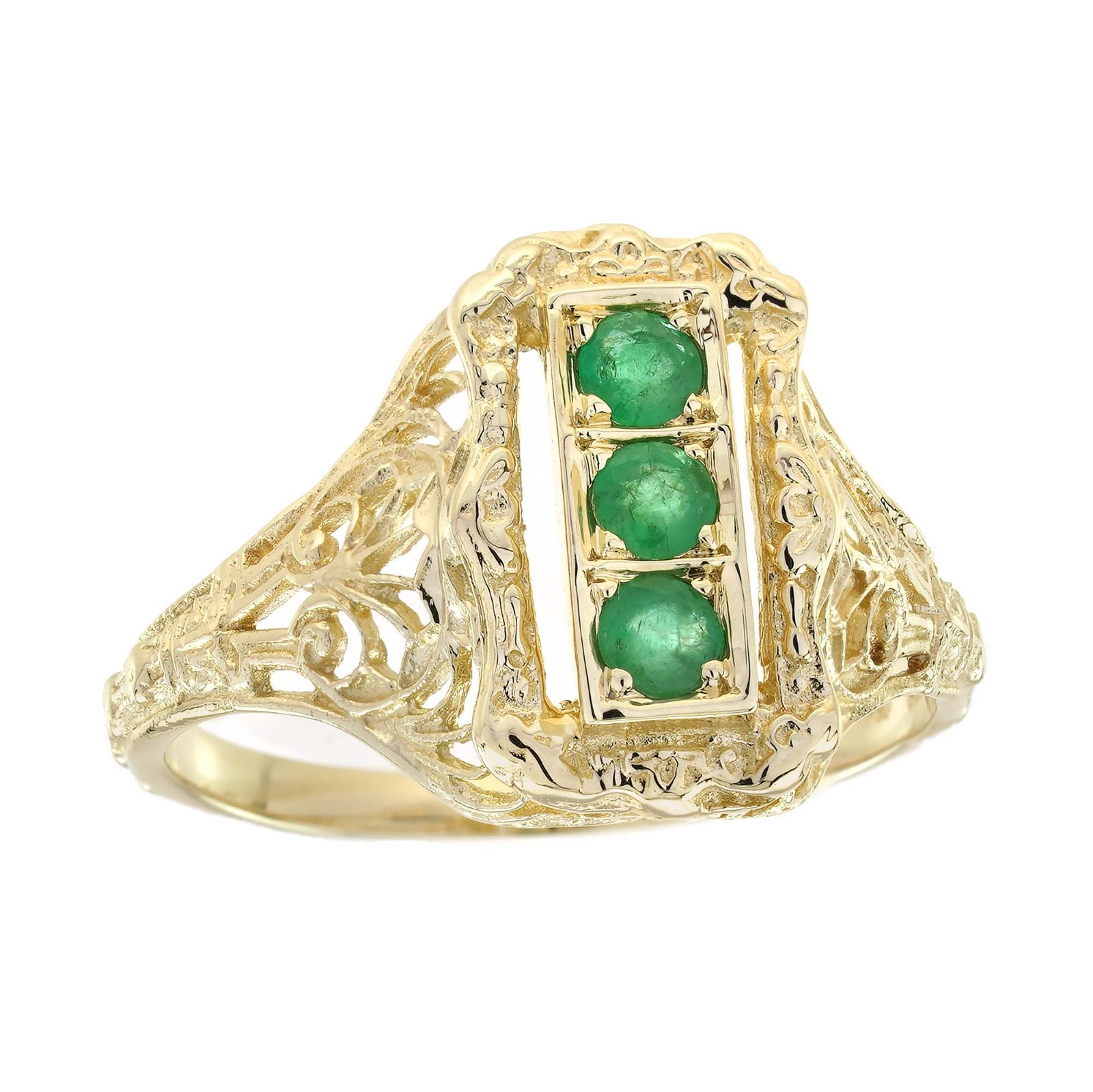 14K Yellow Solid Gold Natural Emerald Vintage Style Filigree Three Stone Ring