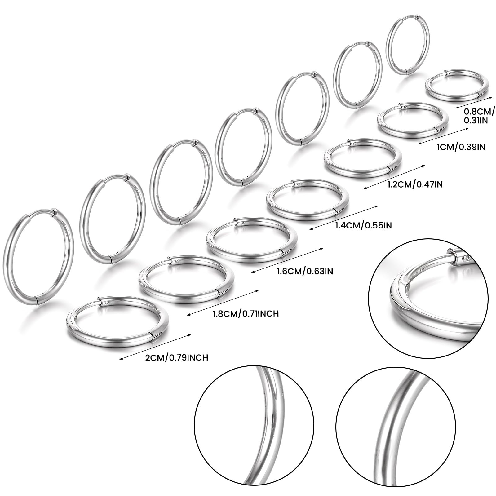 Mabor 7 Pairs Stainless Steel Hoop 8,10, 12 ,14, 16, 18, 20 mm, Silver