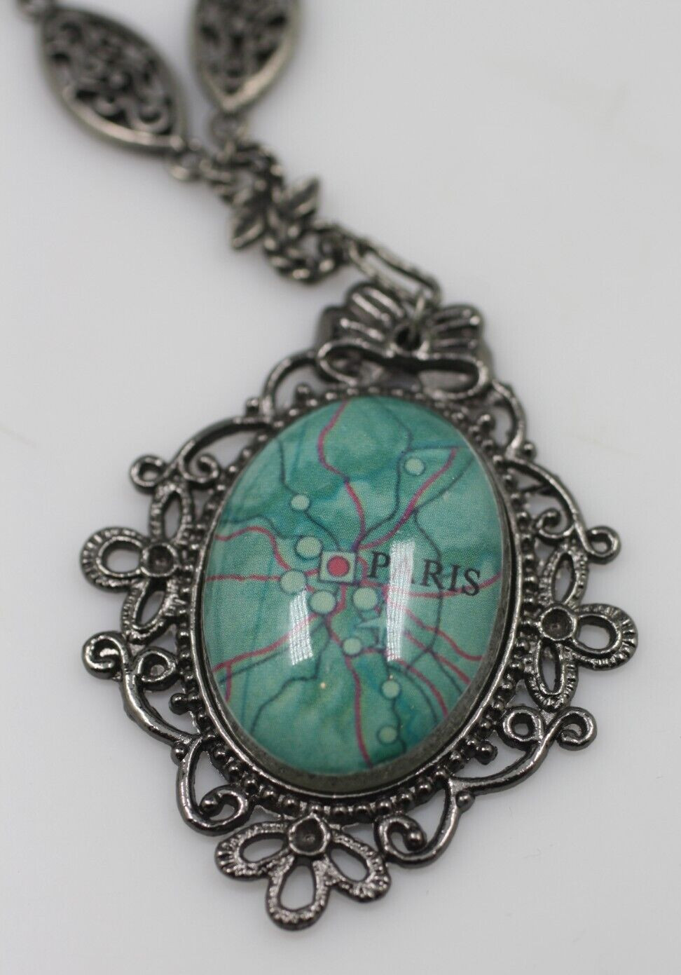 Paris France map travel antiqued silver tone round link chain necklace 24″ long