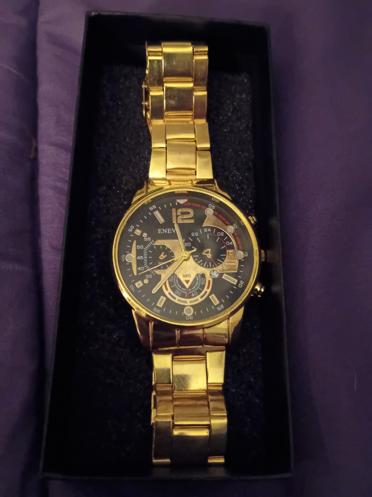 Geneva Mens Gold-Tone Chronograph Style Quartz Wristwatch Black Dial Bracelet