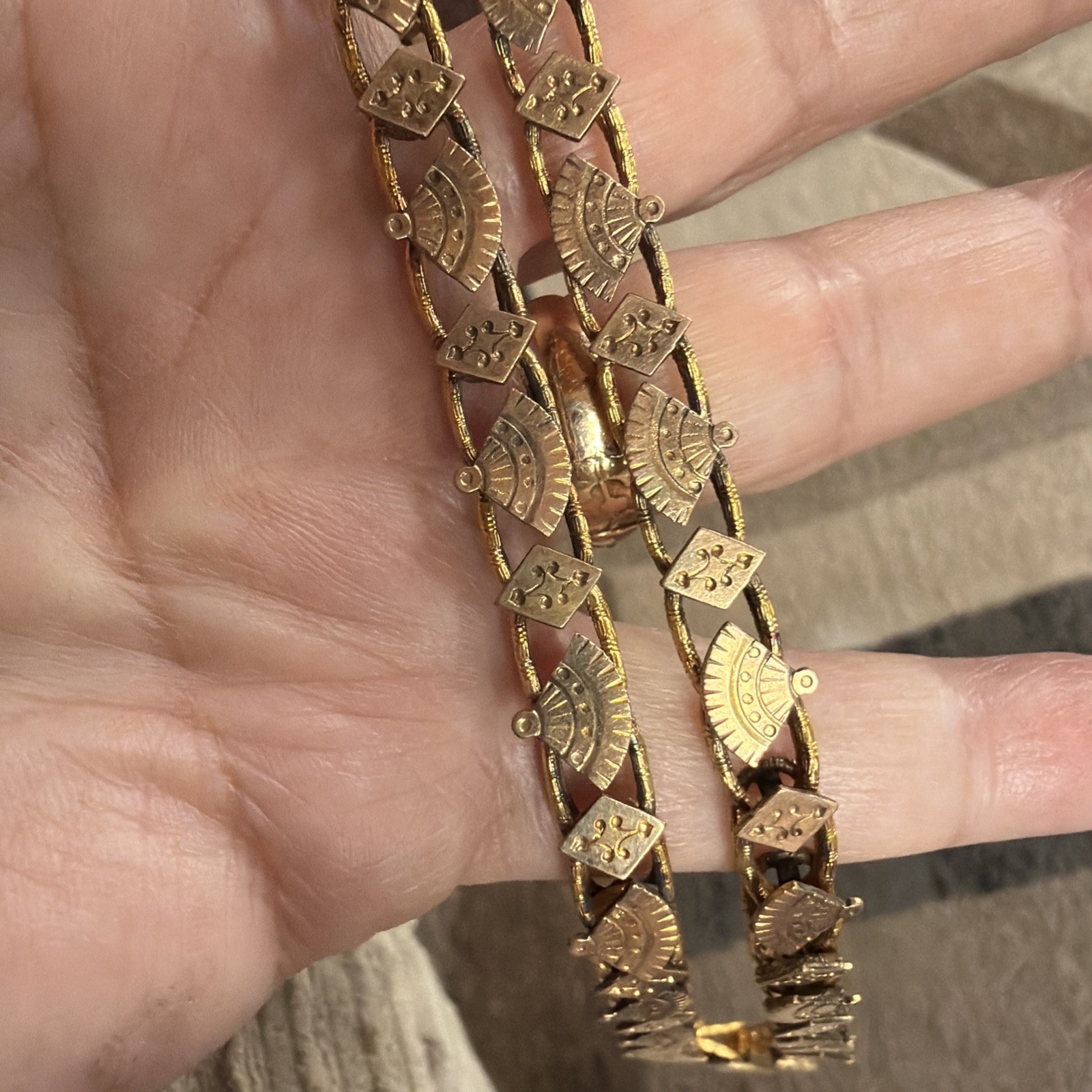 Victorian Etruscan 48g Gold Fill Book Chain Necklace Slide GF Locket Tiger Eye