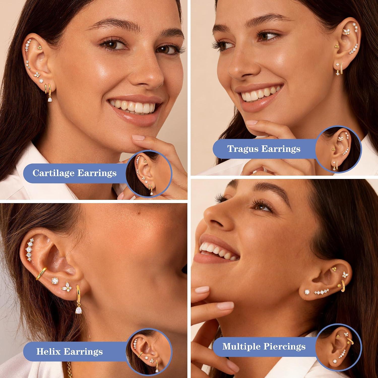 Hypoallergenic Flat Back Earrings Set for Women | Cartilage Earrings Stacks | 14