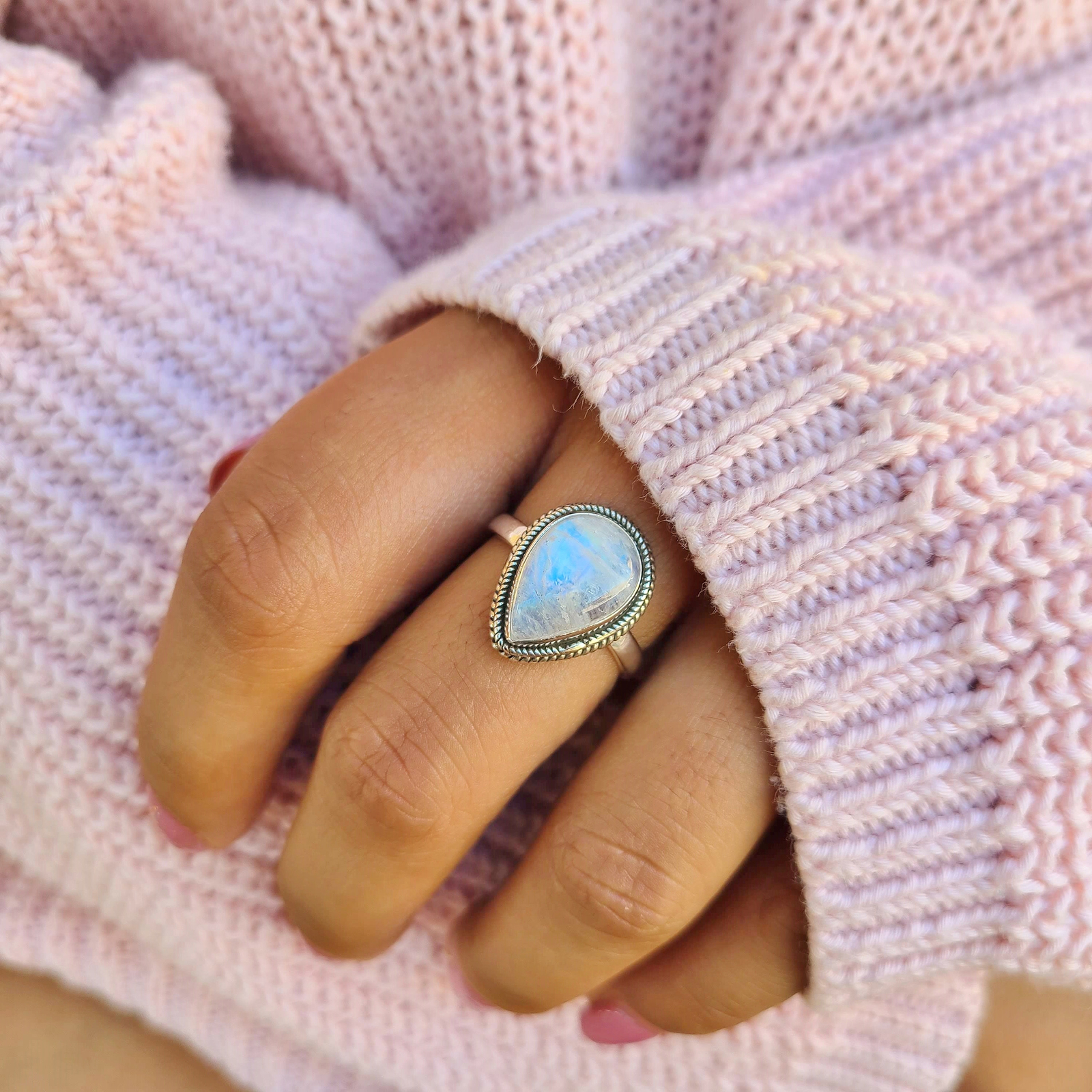Genuine Moonstone 925 Sterling Silver Pear Shaped Ring Hand Made Ships From USA