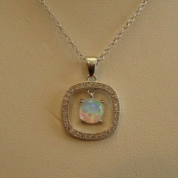 OPEN ROUND SQUARE NECKLACE PENDANT W/LAB ACCENTS & OPAL / 925 STERLING SILVER