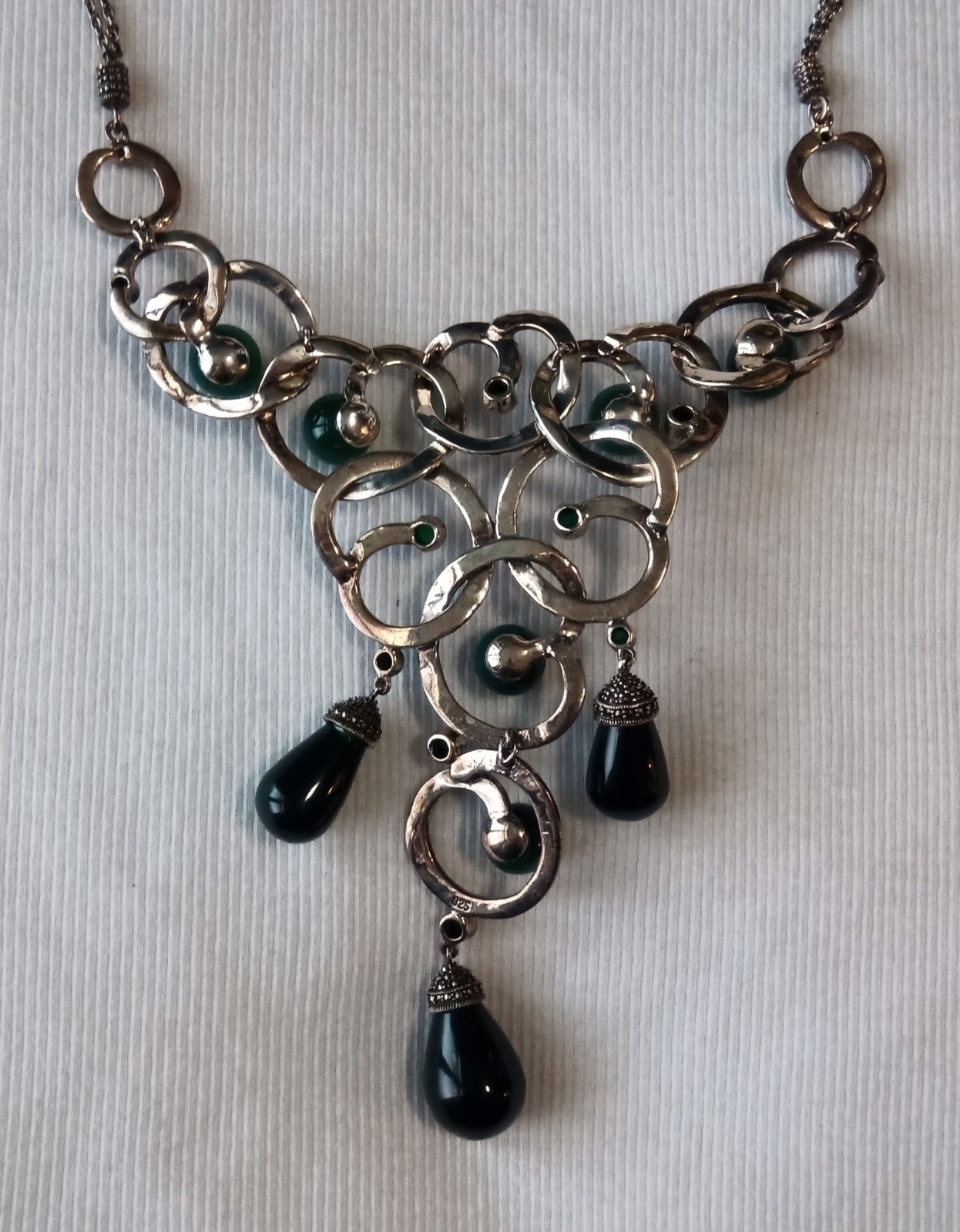 Spectacular Sterling 925 Marcasite Green Stone Statement Bib Necklace