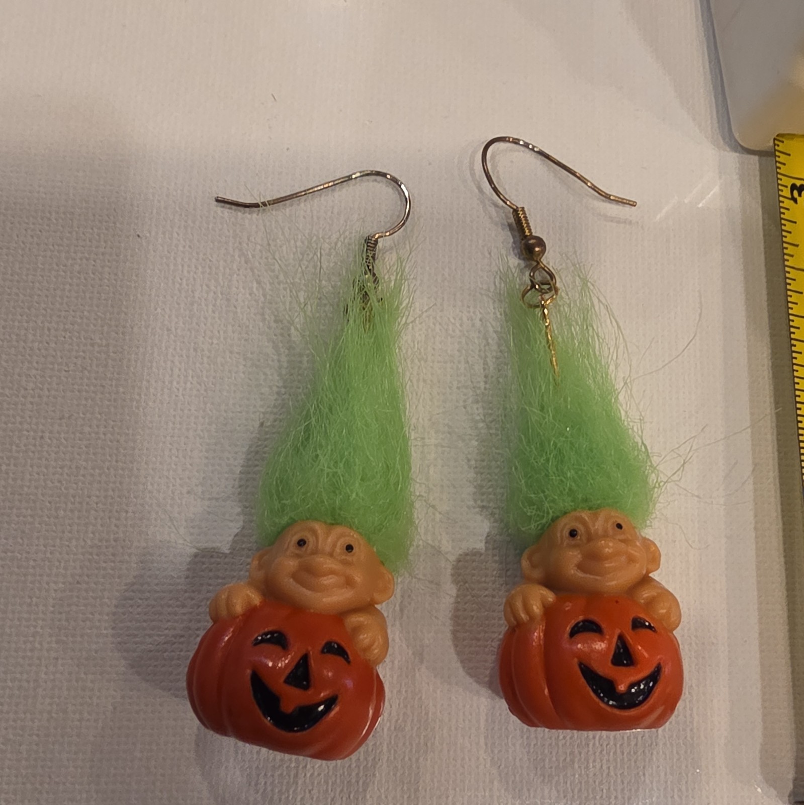 VTG Halloween Troll Doll Earrings RUSS Pumpkin Jack O Lantern Pierced Dangle y2k