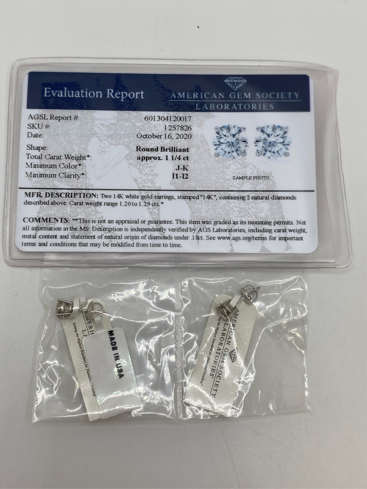 1.25 Carat 14K White Gold IGI Certified LAB GROWN Round Cut Diamond Stud Earring