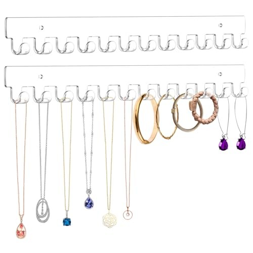 2 Pack Necklace Holder – Hanging Jewelry Organizer, Self-Adhesive, Wall Clear