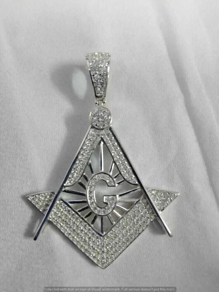 2CT Round Cut Real Moissanite Men’s Masonic Emblem Pendant 925 Sterling Silver