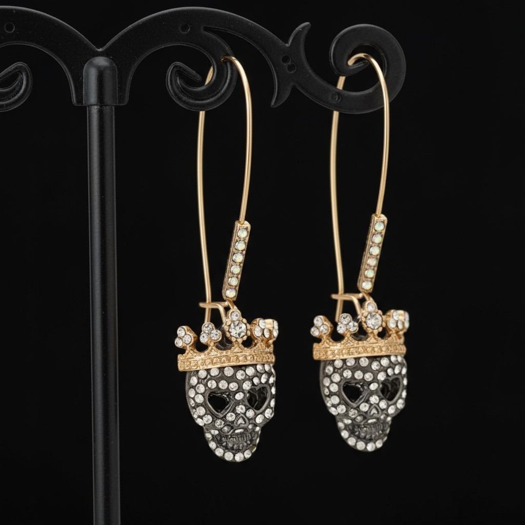 Betsey Johnson Pave Skull Dangle Earrings Crown Detail Edgy Glam