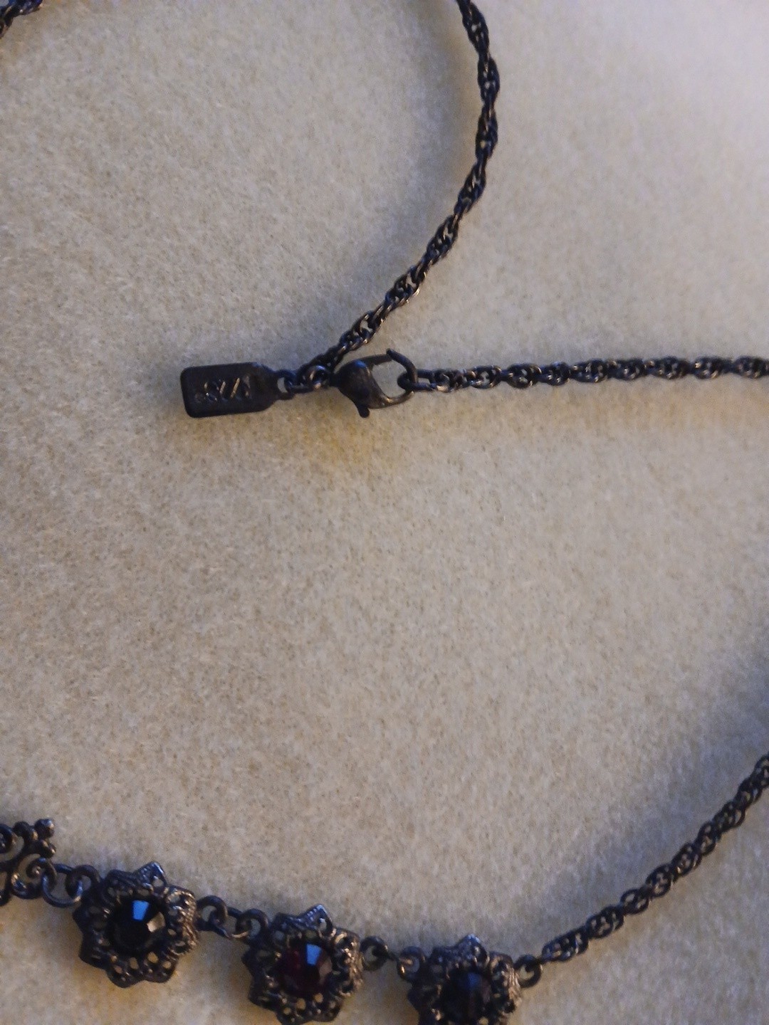 1928 Vintage Choker With GARNET LOOK RhineStones/Gunmetal Chain & Clasp