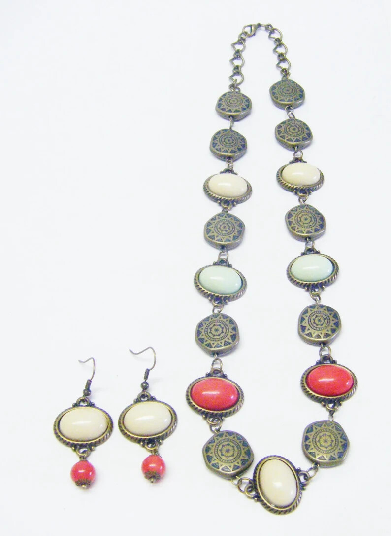 Multicolor Oval Resin Cabochon in Antique Bronze Base Necklace/Earrings Set