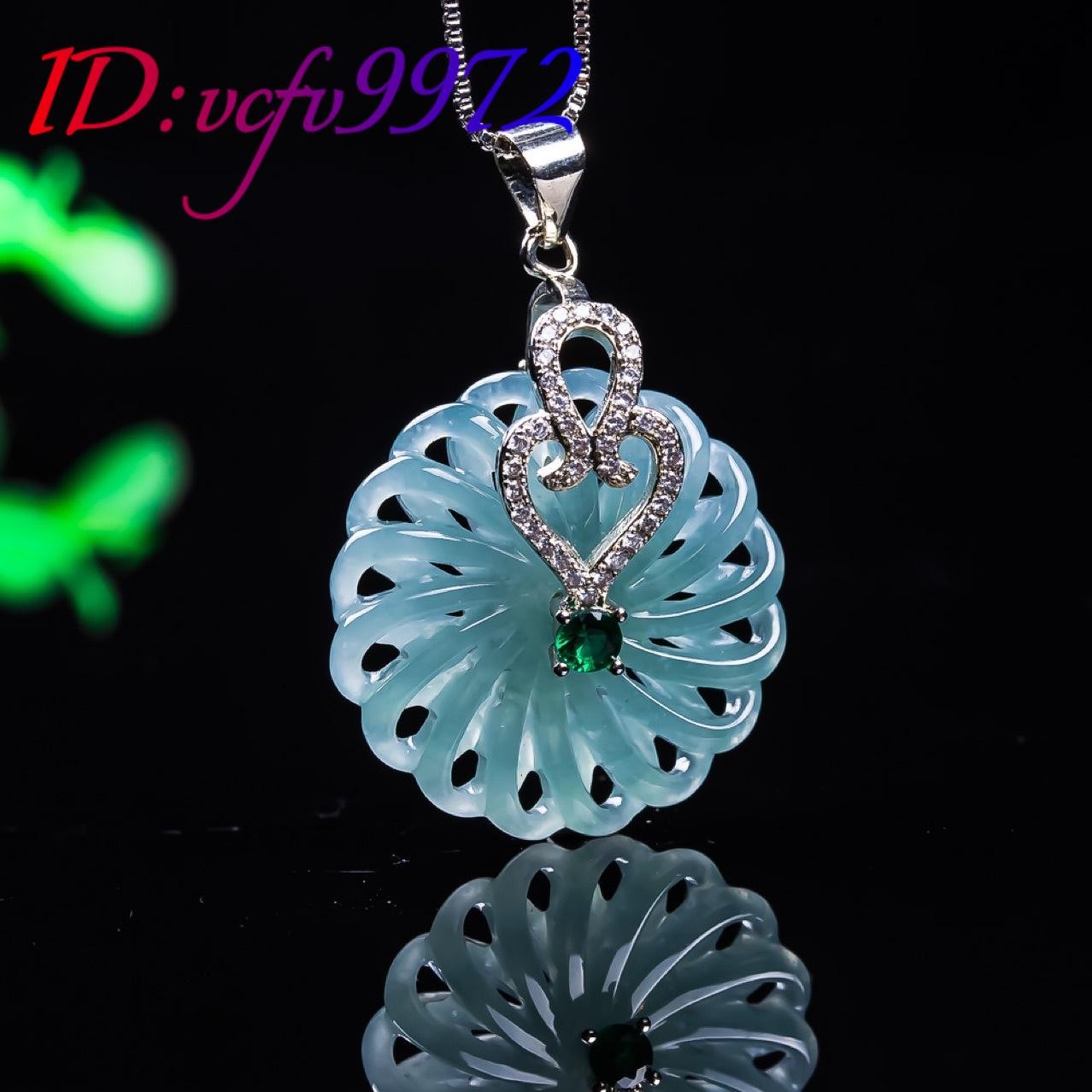 Myanmar Jadeite Flower Pendant Necklace Accessories Amulet 925 Silver Real Jade