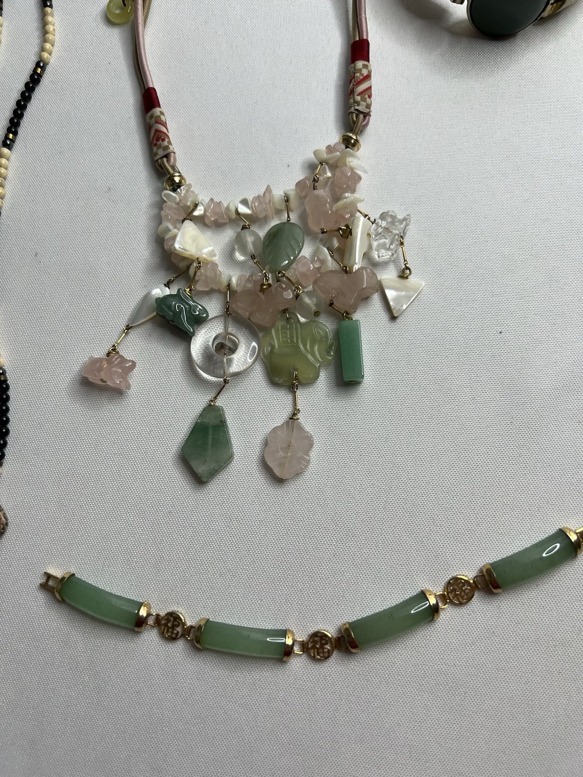 Vintage Asian Jade Rose Quartz Carved Beaded Necklaces Bracelet Jewelry Lot 7pcs