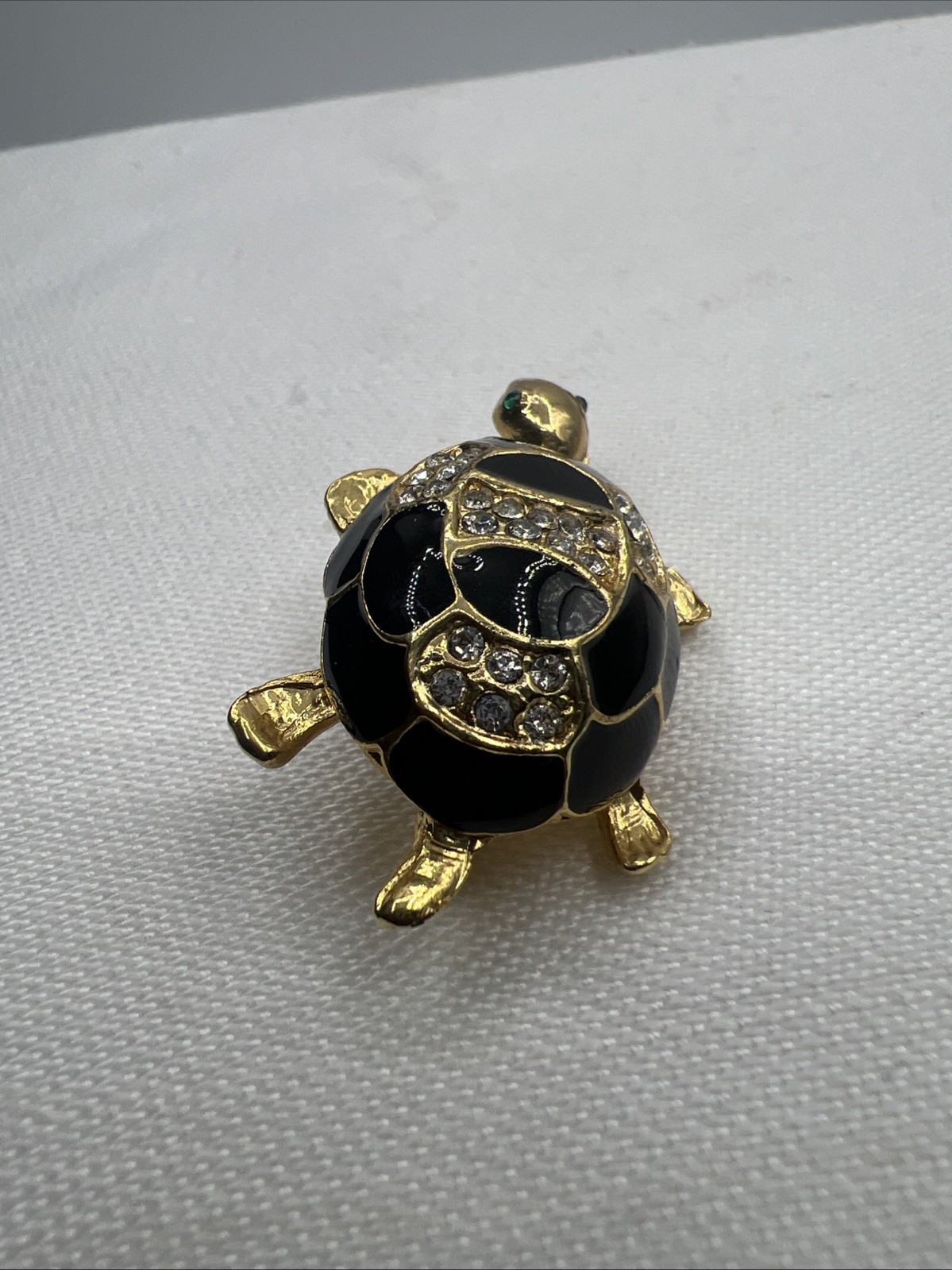 Vintage Turtle Black and Gold Tone Rhinestone and Enamel Brooch Pin Green Eyes