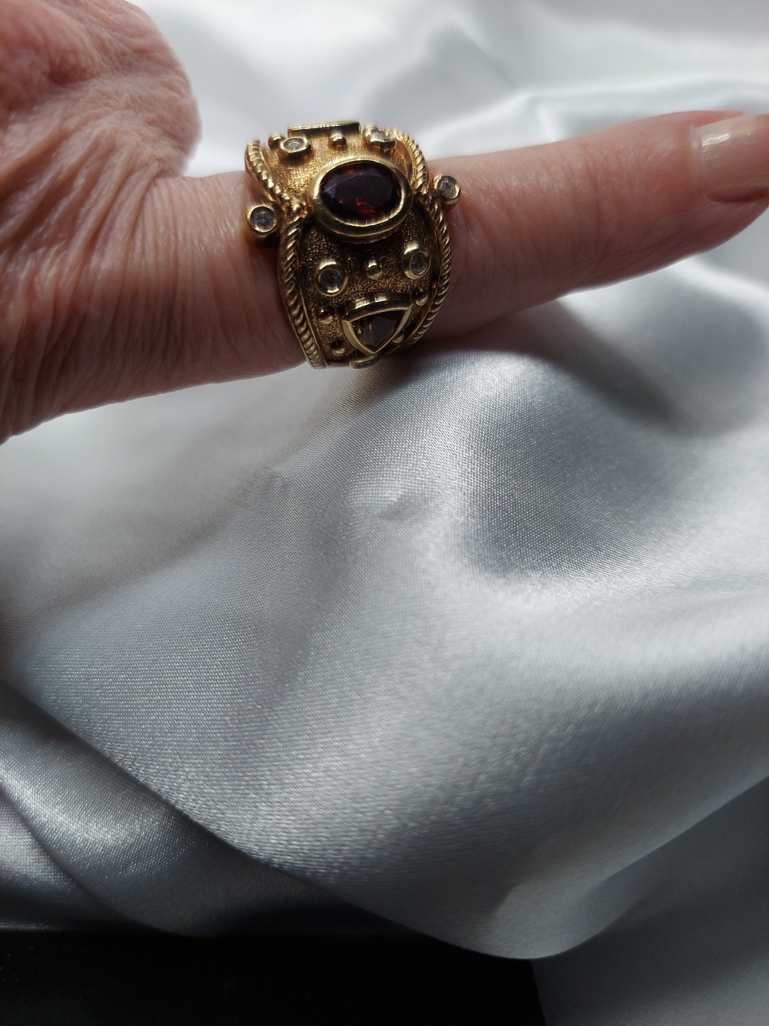 18k On Sterling Garnet Lemon Citrine Byzantine Etruscan Ring Sz10 Ross Simon’s