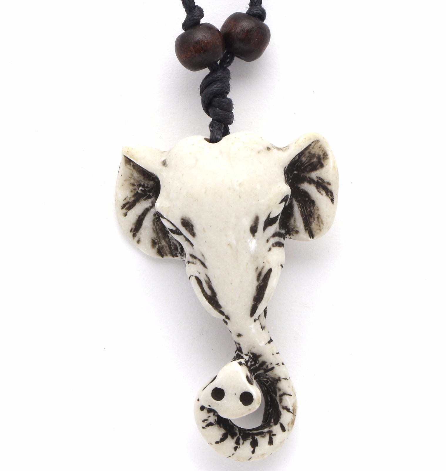 Adjustable Necklace with White Elephant Head Tribal Wood-look Pendant