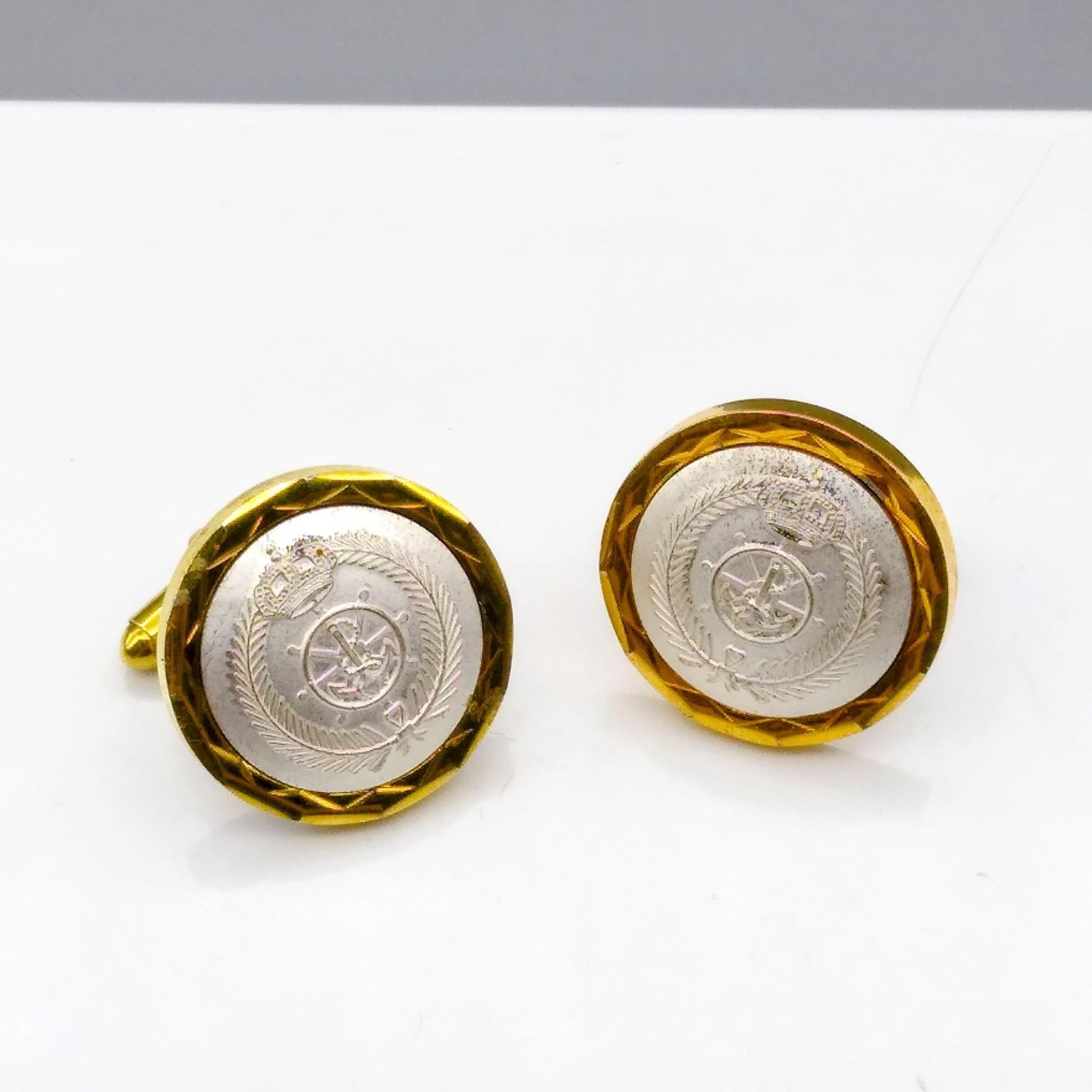 Vintage Nautical Military Remembrance Cufflinks, Gold Tone and White Navy Retro