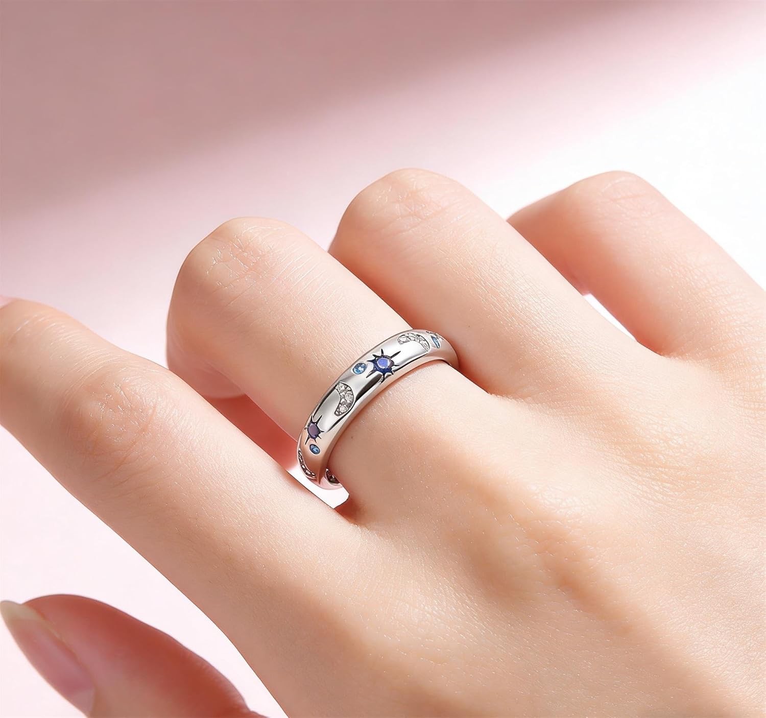 Sterling Silver Women’s 925 Sapphire Stackable Ring Size 9 Sun Moon Star