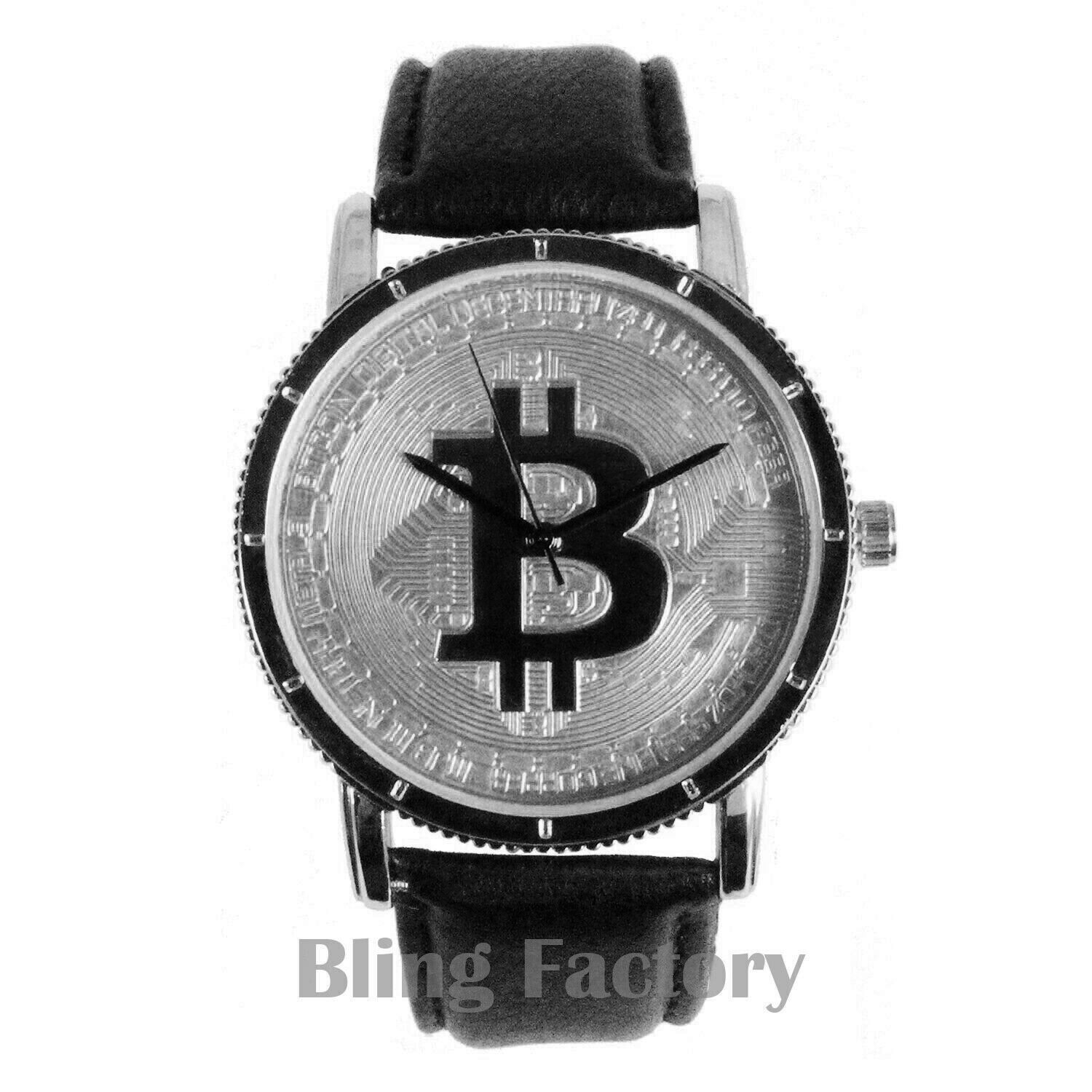 Men Iced BIT COIN Dial Hip Hop Silver PT Leather Band Fashion Urban Style Watch