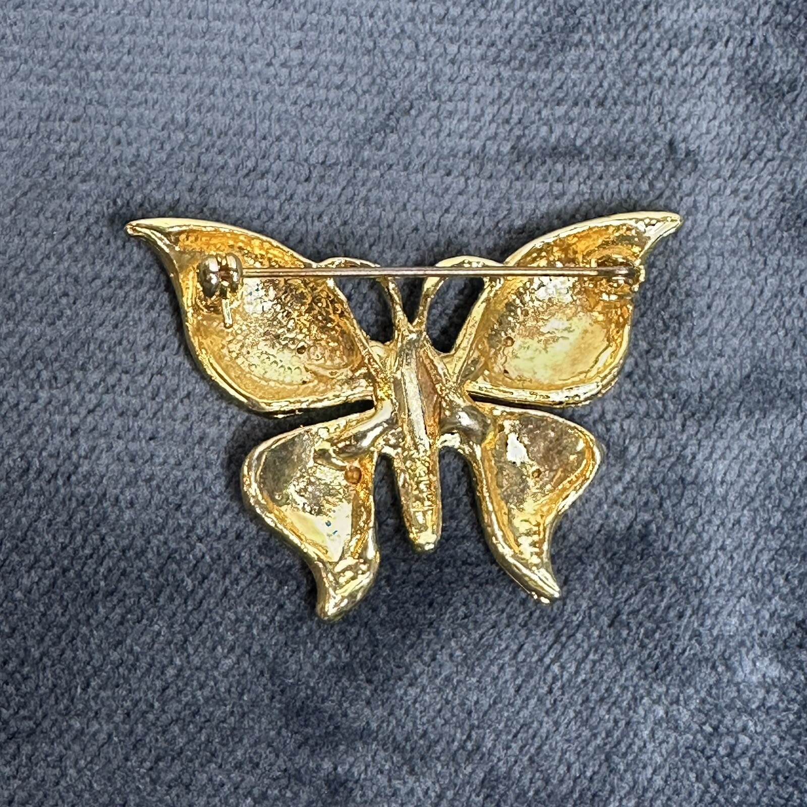 Vintage Butterfly Enamel Brooch Pin Gold Tone Red Blue Green Rhinestones Shiny