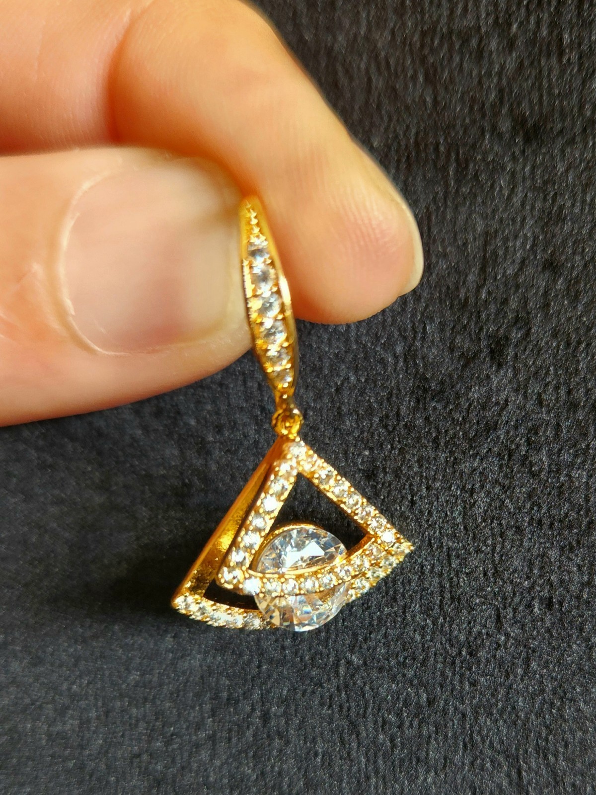 Gold-Tone Triangle Dangle Drop Earrings Clear Crystal Pavé Rhinestone Hook