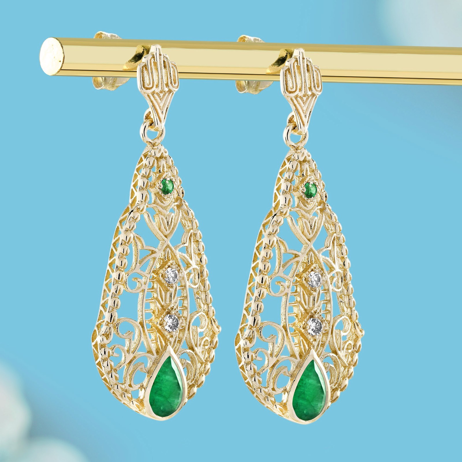 9K Yellow Gold Emerald Diamond Accent Teardrop Filigree Earrings