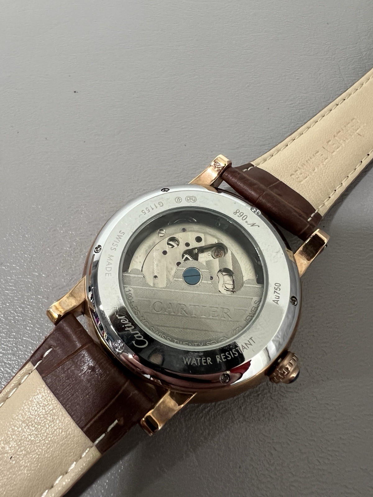 Cartier Mens Automatic Business Casual Watch Brown Leather Strap Rose Gold
