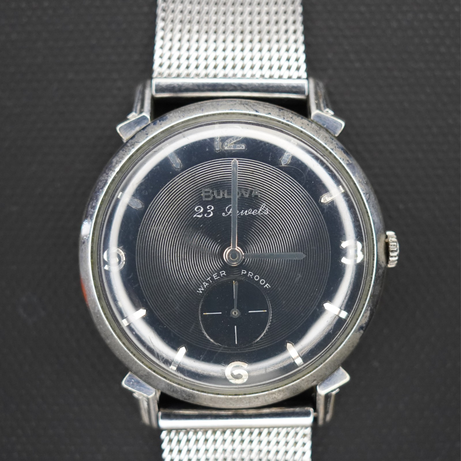 Vintage 1959 Bulova 23 Jewels Manual Wind Black Dial 10KT RGP Waterproof Watch