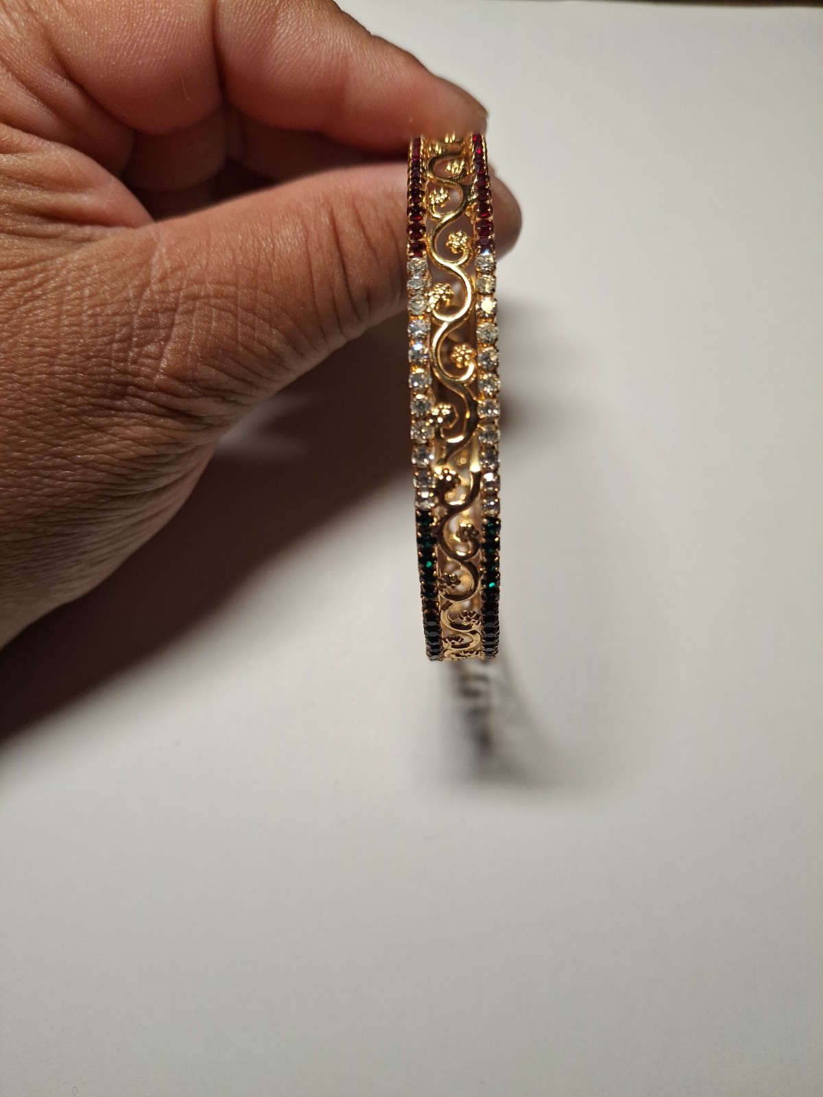 Gold Colored Bangle Bracelet With Red Green And White Gems