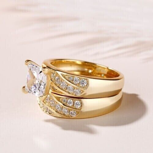 Princess Cut Simulated Diamond Stunning Bridal Set Ring 14k Yellow Gold Plated