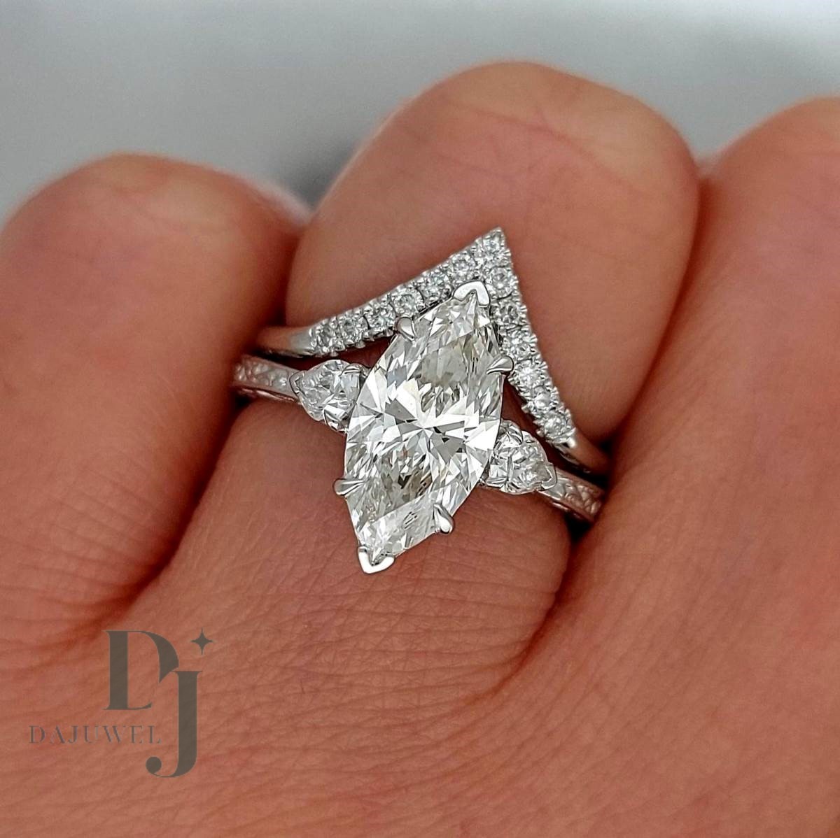 2.50 CT Marquise Cut Moissanite Bridal Set Engagement Ring Solid 14K White Gold