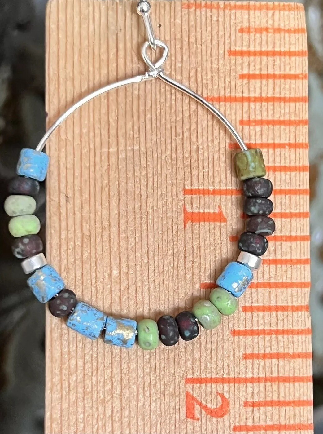 Silver Hoops with Green, Blue and Brown Beads. Boho Chic