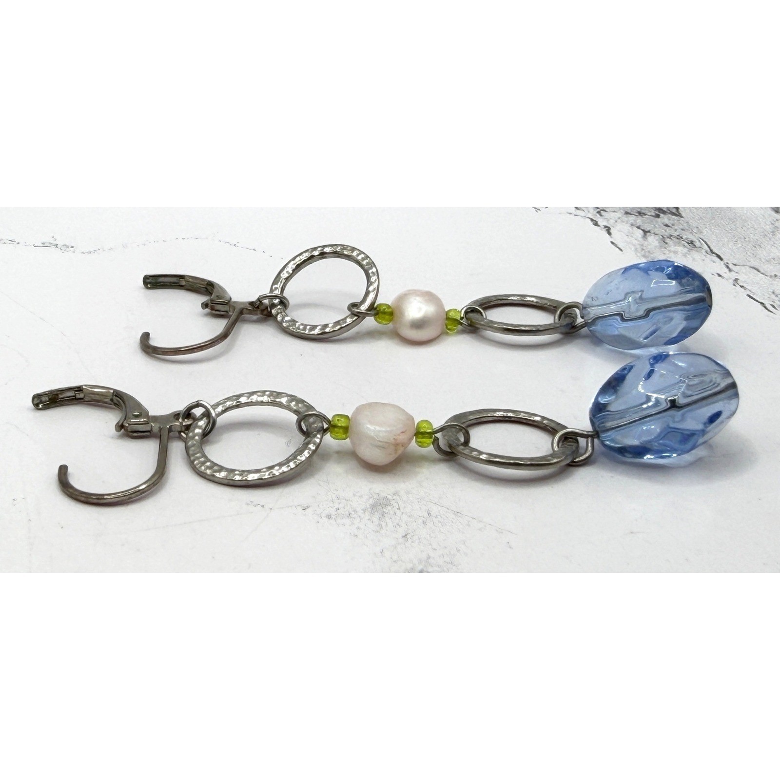 Blue Glass Pearl Dangle Earrings Hammered Silver Tone 2.5″ Watch Video